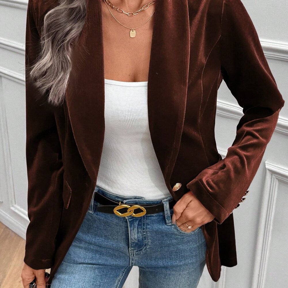 Brown Elegant Women's Velvet Blazer - Picture 7 of 8